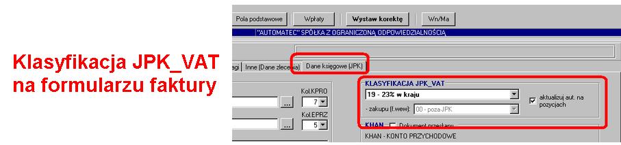 Klasyfikacja JPK_VAT na formularzu faktury